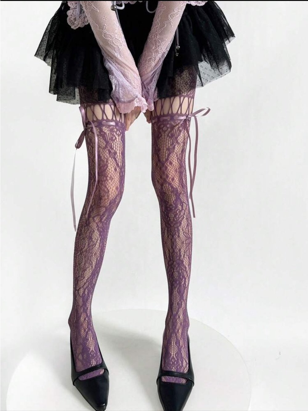 Lace tights with Ribbon Tie - Purple